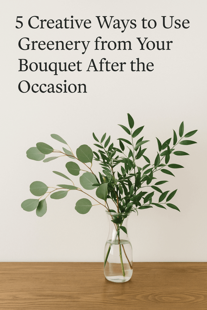 A glass vase showing creative ways to use leftover greenery from a bouquet.